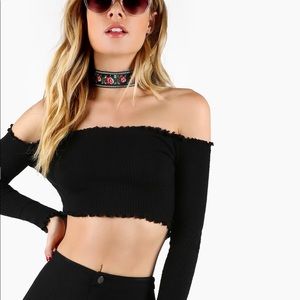 Black crop top rib lettuce edge knit off shoulder